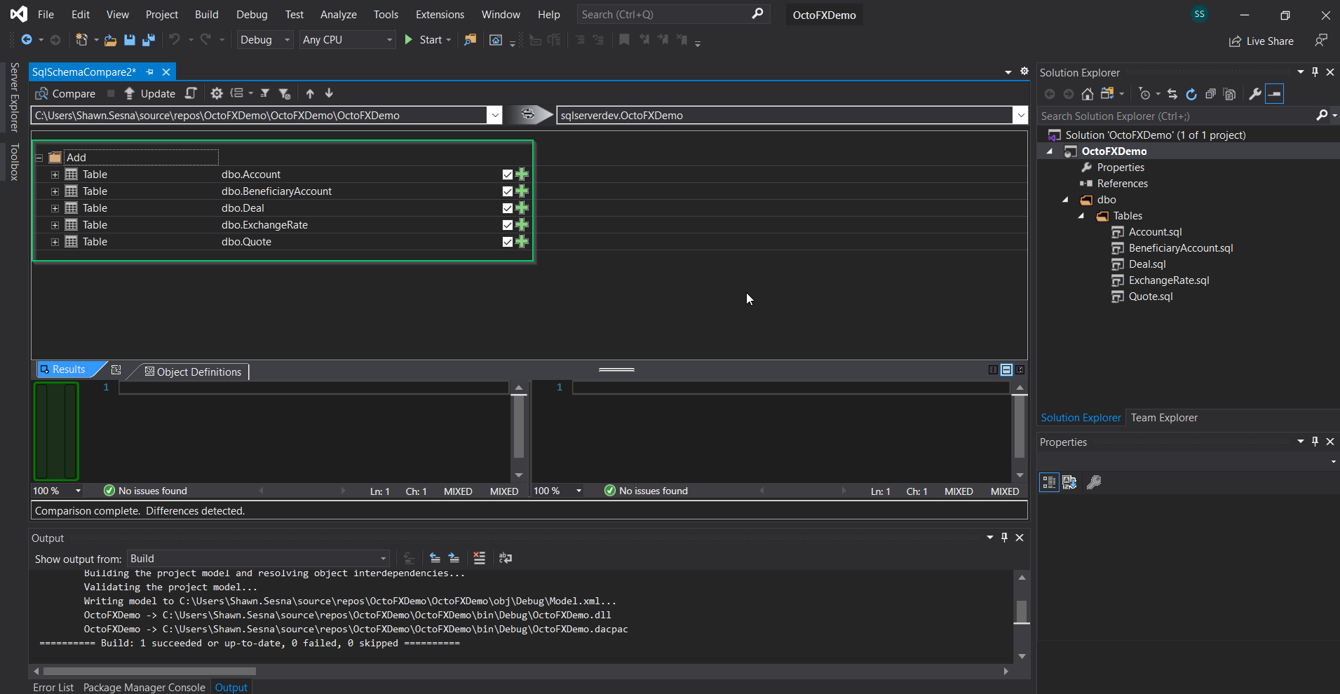 The results of the Schema Compare in Visual Studio