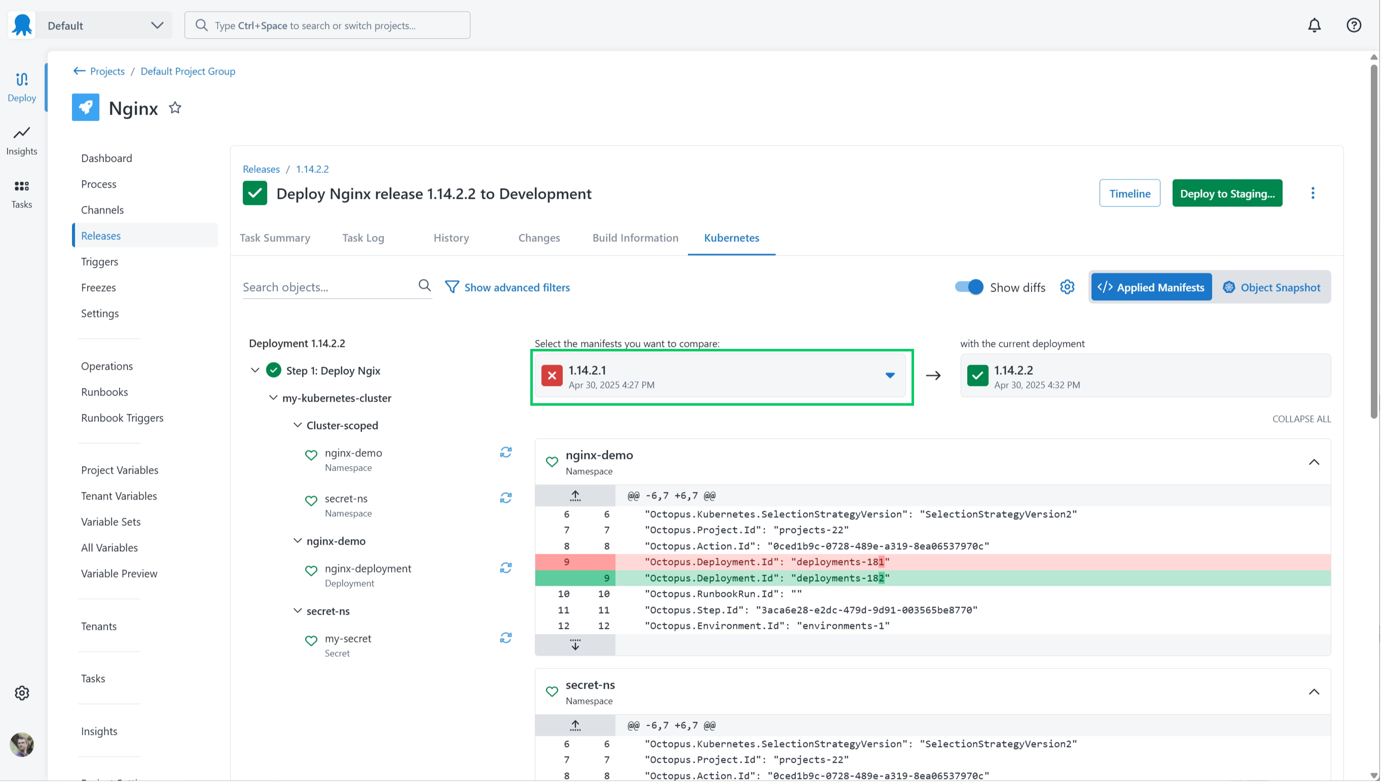A screenshot of the Kubernetes Applied Manifests diffs deployment selector