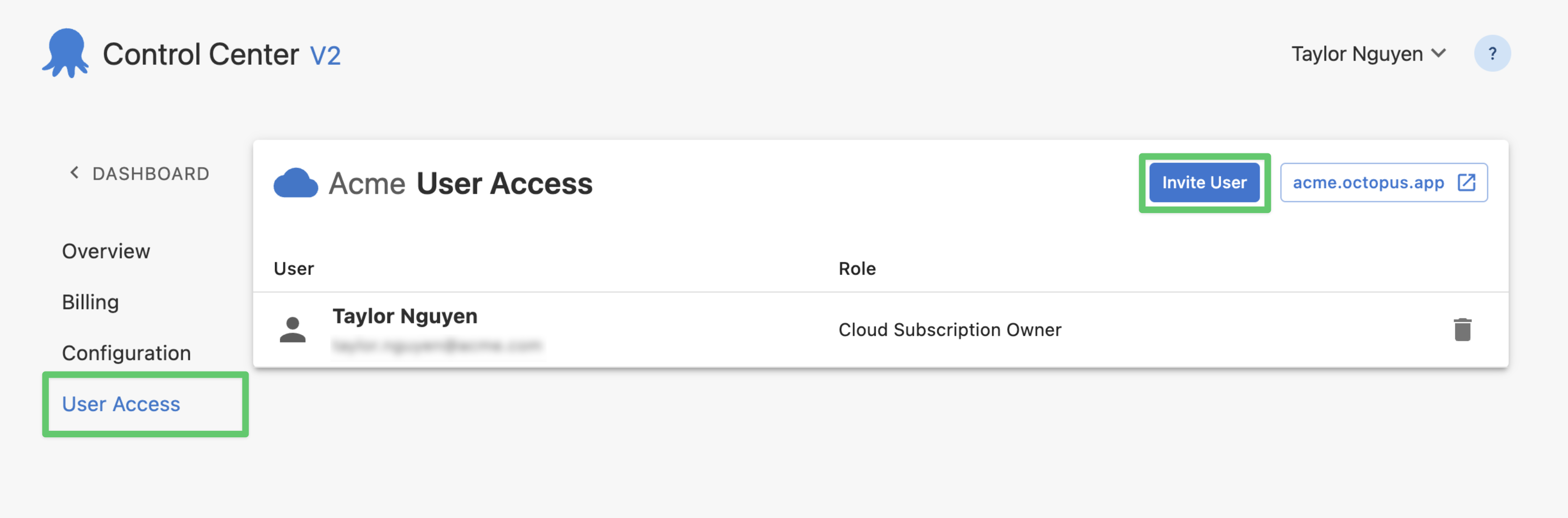User Access page in Control Center