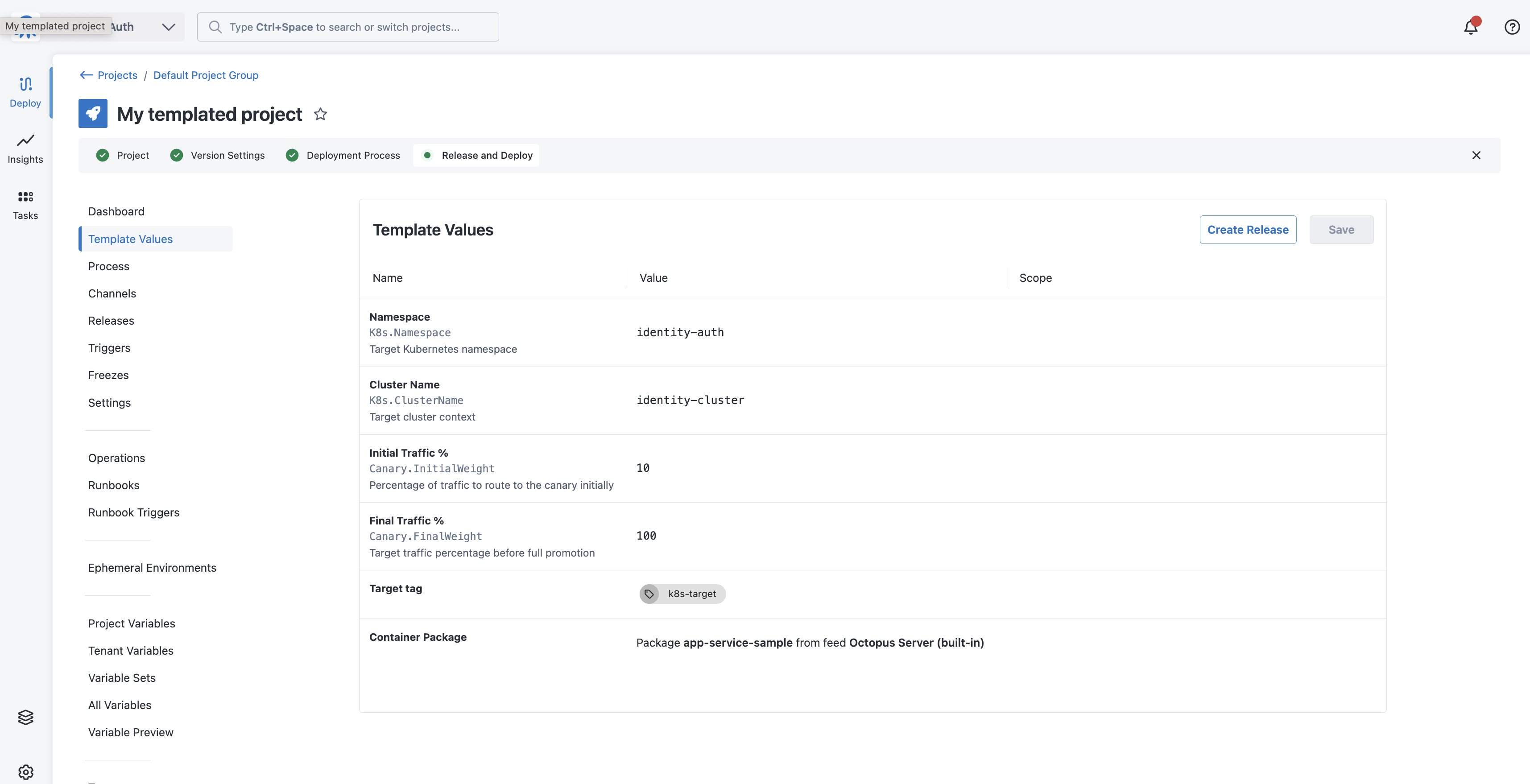 The Template values page for a templated project