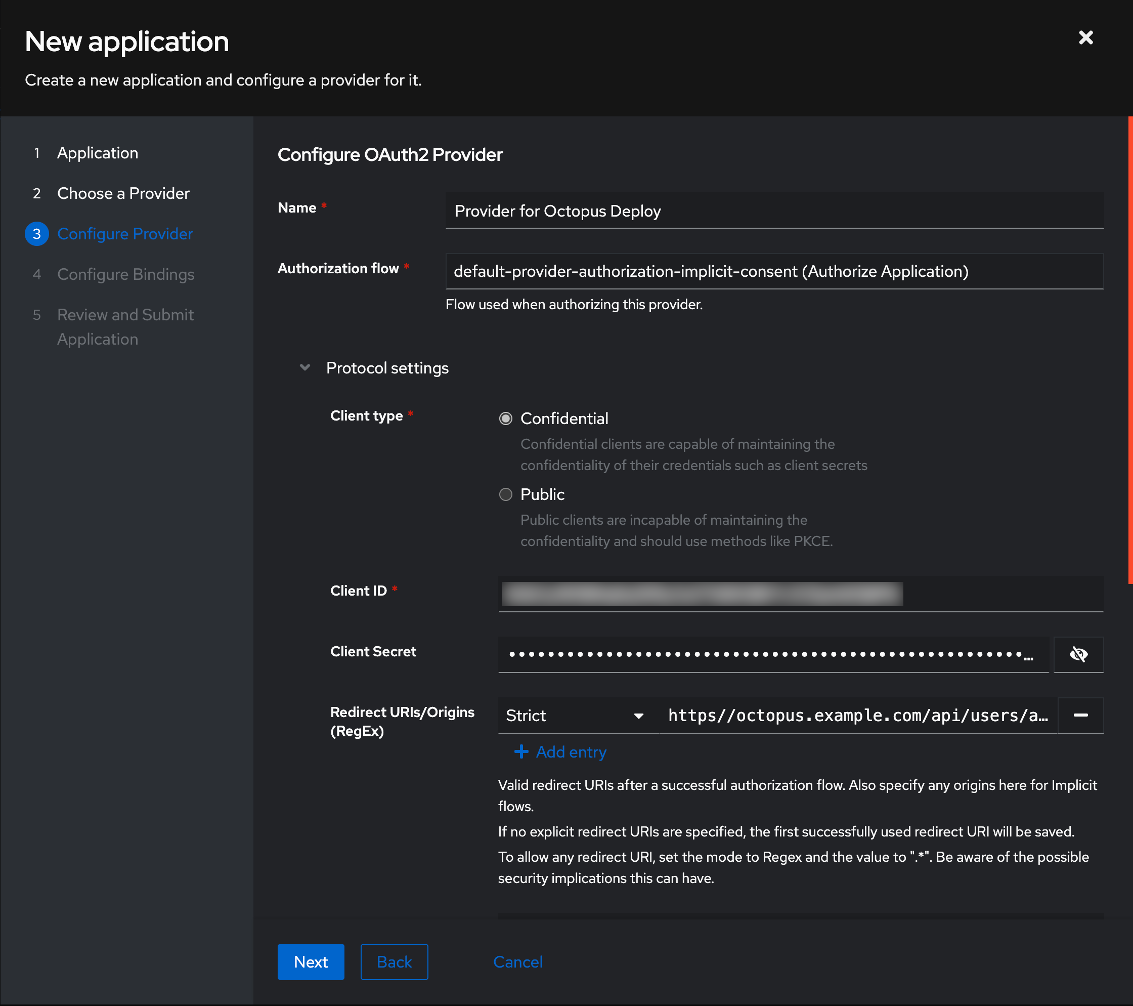 New Application Configure Provider