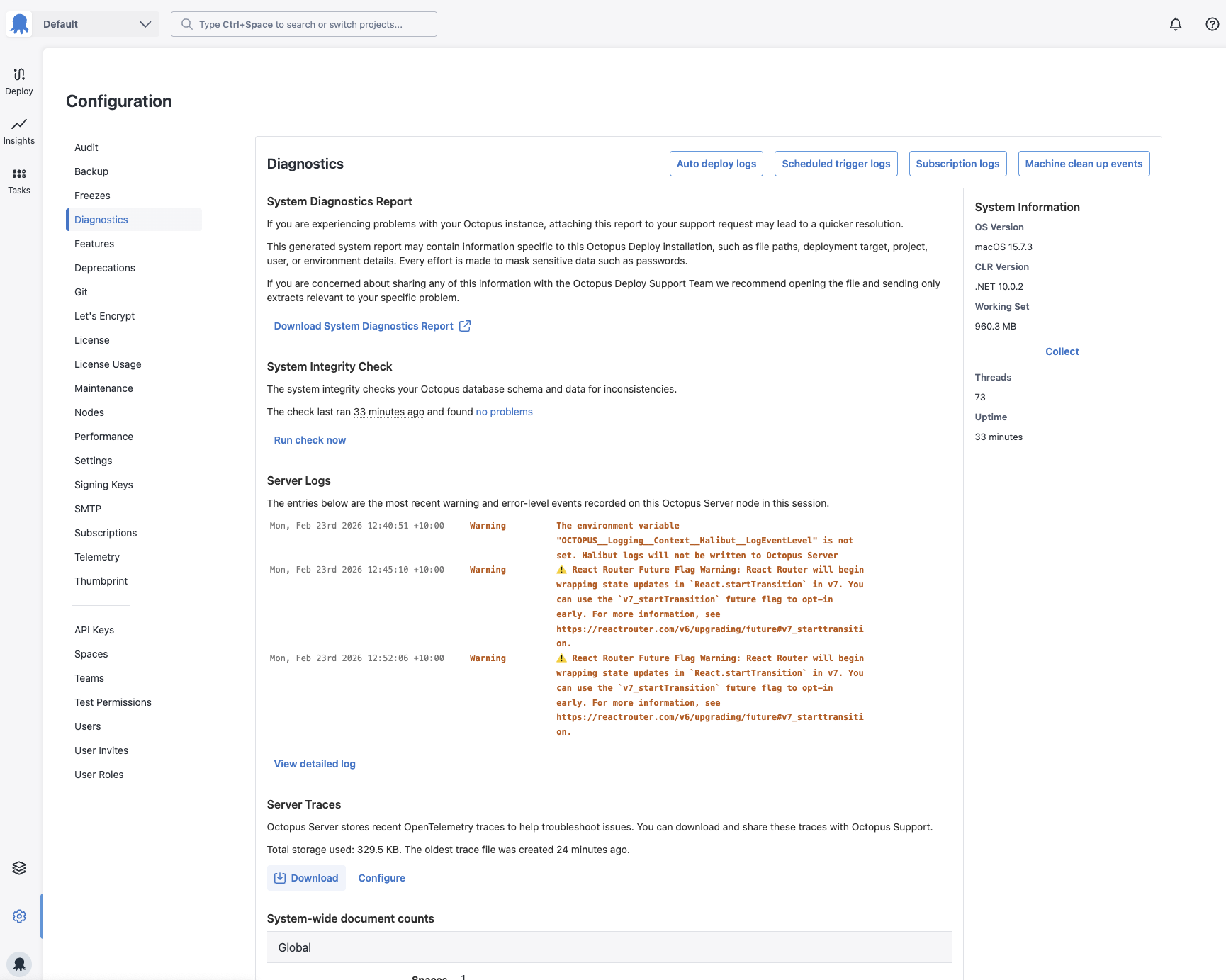 Download button for OpenTelemetry trace files on the Diagnostics page
