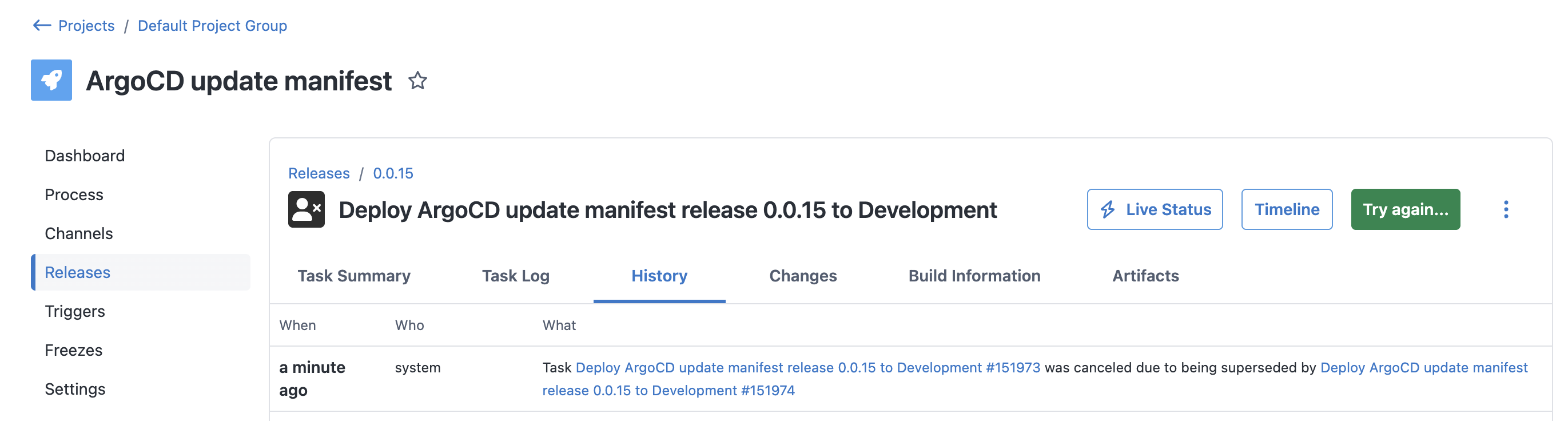 Cancelled task audit history.